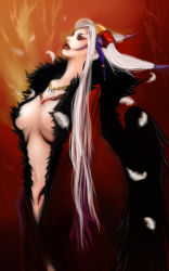 Rule 34 | 1990s (style), 1girl, breasts, cleavage, dress, feathers, female focus, final fantasy, final fantasy viii, genmuq, jewelry, long hair, looking up, midriff, navel, necklace, red eyes, solo, ultimecia, very long hair, white hair