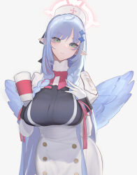 Rule 34 | 1girl, absurdres, blue archive, blue hair, blue wings, blush, bow, bowtie, braid, breasts, buttons, closed mouth, cross print, cup, dress, emblem, feathered wings, gloves, green eyes, hair ornament, halo, hat, highres, holding, holding cup, impossible clothes, large breasts, long hair, long sleeves, looking at viewer, mine (blue archive), nurse cap, pink bow, pink bowtie, pink halo, pointy ears, puffy sleeves, simple background, sin9, solo, twin braids, white background, white dress, white gloves, wings