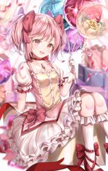 Rule 34 | 1girl, absurdres, balloon, bubble skirt, choker, commentary request, feet out of frame, frilled skirt, frilled socks, frills, gift, gloves, hand up, happy birthday, highres, holding, holding balloon, kaname madoka, kneehighs, looking at viewer, magical girl, mahou shoujo madoka magica, mahou shoujo madoka magica (anime), open mouth, pink eyes, pink hair, puffy short sleeves, puffy sleeves, red choker, red footwear, ribbon choker, shoes, short sleeves, sitting, skirt, smile, socks, solo, ukiukikiwi2525, white gloves, white socks