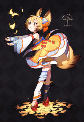 Rule 34 | 1girl, :3, absurdres, ahoge, asymmetrical legwear, bare shoulders, blonde hair, blunt bangs, blush, brown eyes, closed mouth, detached sleeves, fox tail, from side, full body, ginkgo leaf, gradient hair, hachihito, hair rings, highres, japanese clothes, kimono, leaf, leaning forward, looking at object, mismatched legwear, multicolored hair, obi, original, platform clogs, platform footwear, reaching, reaching towards viewer, sandals, sash, solo, tail, thighhighs, tiptoes, tsurime, uneven legwear, zettai ryouiki