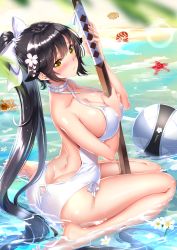 Rule 34 | 1girl, ass, azur lane, backless outfit, ball, bare shoulders, beach, beachball, black hair, blush, bokken, bow, breasts, butt crack, character name, collarbone, covered erect nipples, criss-cross halter, flower, frown, hair bow, hair flower, hair ornament, halterneck, highres, holding, holding sword, holding weapon, large breasts, long hair, looking at viewer, looking back, ocean, one-piece swimsuit, planted, planted sword, planted weapon, ponytail, seashell, seiza, shell, sitting, solo, starfish, swimsuit, sword, swordsouls, takao (azur lane), takao (beach rhapsody) (azur lane), very long hair, weapon, wet, white one-piece swimsuit, wooden sword, yellow eyes