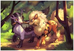 Rule 34 | arcanine, bush, claws, colored sclera, commentary, commission, creature, creatures (company), deviantart username, dog, eye contact, fangs, game freak, gen 1 pokemon, gen 3 pokemon, grass, grey eyes, looking at another, mightyena, mouth hold, nintendo, no humans, outdoors, pokemon, pokemon (creature), pokemon rgby, pokemon rse, red eyes, road, sharp teeth, signature, smile, stick, teeth, tree, twarda8, walking, yellow sclera