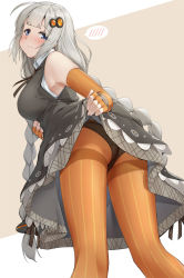 Rule 34 | 1girl, ass, bare shoulders, black dress, black panties, blue eyes, breasts, brown background, clothes lift, commentary request, dress, dress lift, elbow gloves, fingerless gloves, gloves, grey hair, hair ornament, highres, kanzen bouon, kizuna akari, lifted by self, long hair, looking at viewer, looking back, medium breasts, orange gloves, orange pantyhose, panties, pantyhose, sleeveless, sleeveless dress, solo, spoken blush, star (symbol), striped clothes, striped gloves, striped pantyhose, thighband pantyhose, two-tone background, underwear, vertical-striped clothes, vertical-striped gloves, vertical-striped pantyhose, very long hair, voiceroid, white background