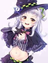 Rule 34 | 1girl, :d, absurdres, black capelet, black gloves, black hat, blunt bangs, breasts, capelet, cleavage, gloves, hair bun, hair ornament, hat, highres, hololive, long hair, long sleeves, looking at viewer, midriff, murasaki shion, murasaki shion (1st costume), navel, open mouth, pinstripe pattern, pinstripe shirt, shirt, silver hair, single side bun, small breasts, smile, solo, striped clothes, striped shirt, takashina taaa, teeth, upper teeth only, vertical-striped clothes, vertical-striped shirt, virtual youtuber, witch hat, yellow eyes