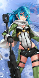 Rule 34 | 10s, 1girl, absurdres, ahoge, anti-materiel rifle, black gloves, black shorts, blue background, blue eyes, blue hair, blush, bodysuit, bolt action, breasts, broken glass, bullet hole, cameltoe, cleavage, cleavage cutout, clothing cutout, colored eyelashes, contrapposto, cowboy shot, cropped jacket, fingerless gloves, flipped hair, floating hair, glass, gloves, glowing, green jacket, green thighhighs, gun, hair between eyes, hair ornament, hairclip, head tilt, highleg, highleg leotard, highres, holding, holding gun, holding weapon, jacket, legs apart, leotard, looking at viewer, matching hair/eyes, medium breasts, open clothes, open jacket, parted lips, pgm hecate ii, planted, rifle, scarf, scope, shards, short hair with long locks, short shorts, shorts, sidelocks, sinon, skin tight, skindentation, solo, standing, stars (ssss50369), sword art online, thigh strap, thighhighs, thighs, weapon, white scarf, zipper, zoom layer
