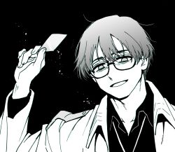 Rule 34 | 1boy, bags under eyes, black hair, blue archive, card, coat, collared shirt, commentary request, credit card, empty eyes, glasses, greyscale, hair between eyes, hand up, highres, holding, long sleeves, looking at viewer, male focus, monochrome, nakashima (middle earth), problem solver sensei (blue archive), sensei (blue archive), shirt, simple background, smile, solo, upper body