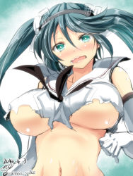 Rule 34 | 10s, 1girl, blush, breasts, detached sleeves, gin&#039;ichi (akacia), green eyes, hair ribbon, highres, isuzu (kancolle), isuzu kai ni (kancolle), kantai collection, large breasts, long hair, looking at viewer, open mouth, personification, ribbon, school uniform, solo, torn clothes, twintails, underboob
