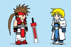 Rule 34 | !?, 2boys, animated, animated gif, arc system works, blonde hair, blue eyes, brown hair, chibi, guilty gear, imitating, ky kiske, lowres, male focus, multiple boys, musical note, quaver, sol badguy, speech bubble, spoken musical note, sweatdrop, sword, tabard, weapon