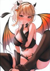 Rule 34 | 1girl, absurdres, armpit crease, bare shoulders, bat hair ornament, between legs, black bra, black gloves, black panties, black thighhighs, blonde hair, blush, bra, braid, breasts, bridal gauntlets, brown eyes, cleavage, closed mouth, convenient leg, curvy, demon girl, demon horns, demon tail, demon wings, detached collar, eyelashes, fake horns, frilled bra, frills, gloves, hair intakes, hair ornament, hairclip, halterneck, hand between legs, heart o-ring, highres, horns, indian style, large breasts, looking at viewer, love live!, love live! nijigasaki high school idol club, medium hair, miyashita ai, navel, no shoes, o-ring, o-ring bottom, o-ring panties, oku 1225, panties, scar, simple background, single braid, sitting, smile, solo, swept bangs, tail, thighhighs, toes, tsurime, underwear, v, v over mouth, white background, wings, x hair ornament