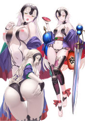Rule 34 | 1girl, ankle ribbon, ass, bare shoulders, blush, breasts, ccjn, cosplay, fate/grand order, fate (series), full body, headpiece, japanese clothes, jeanne d&#039;arc (fate), jeanne d&#039;arc alter (avenger) (fate), jeanne d&#039;arc alter (fate), kimono, large breasts, leg ribbon, long hair, long sleeves, looking at viewer, multiple views, nipples, obi, off shoulder, open mouth, pussy, revealing clothes, ribbon, sash, short kimono, shuten douji (fate), shuten douji (fate) (cosplay), silver hair, simple background, sword, thighs, very long hair, weapon, white background, wide sleeves, yellow eyes