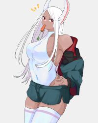 Rule 34 | 1girl, animal ears, asticassia school uniform, bare shoulders, boku no hero academia, breasts, carrot, cosplay, covered navel, dark-skinned female, dark skin, food in mouth, green jacket, green shorts, gundam, gundam suisei no majo, halter leotard, halterneck, hands on own hips, highleg, highleg leotard, highres, jacket, large breasts, leotard, leotard under clothes, long eyelashes, long hair, looking at viewer, mirko, mmsb 551, notice lines, off shoulder, parted bangs, rabbit ears, rabbit girl, red eyes, school uniform, secelia dote, secelia dote (cosplay), shorts, solo, thighhighs, thighs, toned, white hair, white leotard, white nails, white thighhighs