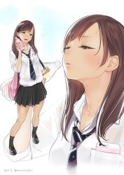 Rule 34 | 1girl, ama mitsuki, black socks, blush, bottle, bra visible through clothes, brown eyes, brown hair, cellphone, character request, kneehighs, long hair, necktie, open mouth, phone, pleated skirt, school uniform, skirt, smartphone, socks, solo, sweat