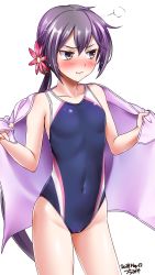 Rule 34 | 1girl, akebono (kancolle), bell, blush, competition swimsuit, covered navel, cowboy shot, dated, flat chest, flower, hair bell, hair flower, hair ornament, highres, jingle bell, kantai collection, long hair, looking to the side, one-piece swimsuit, purple eyes, purple hair, purple one-piece swimsuit, purple towel, side ponytail, simple background, solo, standing, swimsuit, tsuchimiya, v-shaped eyebrows, very long hair, wavy mouth, white background