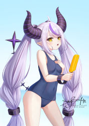 Rule 34 | 1girl, blue one-piece swimsuit, breasts, covered navel, demon girl, demon horns, food, gluteal fold, hand on own chest, highres, hololive, horns, la+ darknesss, long hair, multicolored hair, one-piece swimsuit, open mouth, pointy ears, popsicle, purple hair, school swimsuit, skyrail, small breasts, solo, streaked hair, swimsuit, thighs, very long hair, virtual youtuber, yellow eyes