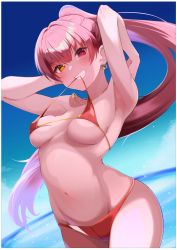 Rule 34 | 1girl, absurdres, arm behind head, armpits, arms up, bikini, blue sky, blush, breasts, cleavage, dangle earrings, ear piercing, earrings, heterochromia, high ponytail, highres, hololive, houshou marine, houshou marine (summer), inuinuo gataken, jewelry, long hair, mouth hold, navel, ocean, piercing, ponytail, red bikini, red eyes, red hair, shaded face, sky, small breasts, smile, solo, stomach, sweat, sweatdrop, swimsuit, teeth, underboob, virtual youtuber, water, yellow eyes