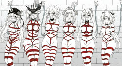 Rule 34 | 6+girls, absurdres, arm behind back, bdsm, black choker, blush, bondage, bound, bound arms, bound legs, bound together, breast bondage, breasts, choker, clothes gag, collar, crotch rope, dungeon, ecchinoidea, gag, gagged, ganyu (genshin impact), genshin impact, headwear request, highres, hu tao (genshin impact), improvised gag, jean (genshin impact), keqing (genshin impact), kidnapped, lactation, leash, looking at another, looking at viewer, milking machine, moontraveller, mouth stuffed, multiple girls, nipple bells, nipple bondage, nipple chain, nipple clamps, nipple piercing, nipple stimulation, nipple tweak, nipples, no bra, no panties, noelle (genshin impact), nude, panties, panty gag, piercing, red rope, restrained, rope, rope between breasts, shibari, signora (genshin impact), slave, spot color, tied to wall, underwear