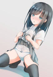 Rule 34 | 1girl, asashio (kancolle), black hair, black thighhighs, blue eyes, blush, buttons, clothes lift, collared shirt, comah, embarrassed, flat chest, full body, grey background, highres, kantai collection, lifted by self, long hair, looking at viewer, open mouth, panties, pleated skirt, school uniform, shadow, shirt, short sleeves, simple background, skirt, skirt lift, solo, spread legs, squatting, suspenders, thighhighs, thighs, underwear, white panties, white shirt