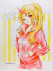 Rule 34 | 1girl, blonde hair, closed mouth, colored pencil (medium), commentary request, contemporary, double vertical stripe, eighth note, fang, hair up, hand in pocket, highres, horns, hoshiguma yuugi, jacket, looking at viewer, musical note, one eye closed, oni, pants, pointy ears, ponytail, q-bee (aaru), red eyes, red jacket, red pants, single horn, smile, solo, standing, texture, touhou, track jacket, track pants, track suit, traditional media, translated, twitter username