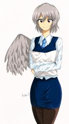 Rule 34 | 1girl, absurdres, alternate costume, artist name, bad id, bad pixiv id, blue necktie, blue skirt, breasts, collared shirt, cowboy shot, artistic error, grey hair, grey wings, highres, holding, holding paper, kagi f, kishin sagume, long sleeves, miniskirt, necktie, office lady, pantyhose, paper, red eyes, shirt, short hair, simple background, single wing, skirt, smile, solo, touhou, vest, wings
