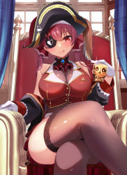 Rule 34 | 1girl, :q, absurdres, akazawa kureha, ascot, bicorne, black hat, black jacket, breasts, brooch, brown thighhighs, cleavage, cropped jacket, crossed legs, cup, eyepatch, gloves, hat, highres, holding, holding cup, hololive, houshou marine, houshou marine (1st costume), jacket, jewelry, large breasts, leotard, leotard under clothes, looking at viewer, pirate hat, red ascot, red eyes, red hair, red jacket, see-through, see-through cleavage, sitting, sleeveless, sleeveless jacket, solo, thick thighs, thighhighs, thighs, throne, tongue, tongue out, virtual youtuber, white gloves