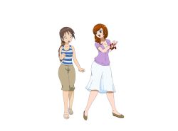 Rule 34 | 2girls, breasts, brown eyes, brown hair, cleavage, daimon sayuri, digimon, green eyes, high heels, highres, long hair, looking at another, mature female, multiple girls, ponytail, pumps, sandals, shirt, short hair, skirt, smile, striped clothes, striped shirt, yagami yuuko