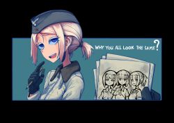 Rule 34 | 1girl, :d, blonde hair, blue eyes, english text, erica (naze1940), garrison cap, gloves, hat, highres, holding, holding pencil, jacket, looking at viewer, military, military hat, open mouth, original, pencil, photo (object), ponytail, short hair, smile, soldier, teeth
