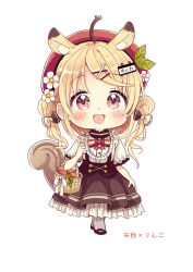Rule 34 | 1girl, :d, absurdres, animal ears, apple, basket, beret, black bow, black footwear, black skirt, blonde hair, blouse, bow, chibi, double bun, extra ears, flower, food, frilled skirt, frills, fruit, full body, grey pantyhose, hair bow, hair bun, hair ornament, hairclip, hat, highres, looking at viewer, open mouth, original, pantyhose, pleated skirt, red apple, red eyes, red hat, sakura oriko, shirt, shoes, short sleeves, simple background, skirt, smile, solo, squirrel ears, squirrel girl, squirrel tail, standing, striped bow, striped clothes, striped pantyhose, suspender skirt, suspenders, swept bangs, tail, translated, twintails, vertical-striped clothes, vertical-striped pantyhose, white background, white bow, white flower, white shirt, x hair ornament