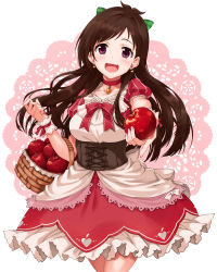 Rule 34 | 1girl, absurdres, amulet, apple, basket, blush, bow, breasts, brown eyes, brown hair, choker, corset, cowboy shot, doily, dress, earrings, food, frills, fruit, green bow, hair bow, heart, heart earrings, highres, idolmaster, idolmaster cinderella girls, jewelry, long hair, looking at viewer, medium breasts, open mouth, outstretched arm, puffy short sleeves, puffy sleeves, red bow, red dress, red ribbon, ribbon, short sleeves, simple background, sirurabbit, solo, standing, tsujino akari, white background, wrist cuffs