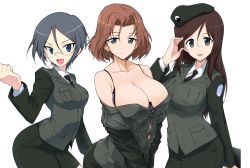 Rule 34 | 10s, 3girls, azumi (girls und panzer), black eyes, blue eyes, bra, breasts, brown hair, cleavage, commentary request, emblem, girls und panzer, grey hair, halcon, hat, highres, huge breasts, large breasts, long hair, looking at viewer, megumi (girls und panzer), military, military uniform, multiple girls, open mouth, rumi (girls und panzer), selection university military uniform, short hair, smile, underwear, uniform