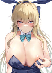 Rule 34 | 1girl, :o, absurdres, animal ears, aqua bow, aqua bowtie, areola slip, bare shoulders, blonde hair, blue archive, blue eyes, blue hairband, blush, bow, bowtie, breasts, cleavage, commentary request, detached collar, fake animal ears, hair ornament, hairband, highres, large breasts, leotard, looking at viewer, namazu (yamasonson), open mouth, playboy bunny, rabbit ears, simple background, solo, toki (blue archive), toki (bunny) (blue archive), upper body, white background, wrist cuffs