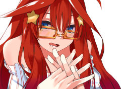 Rule 34 | 1girl, bare shoulders, blue eyes, commentary request, face, glasses, go-toubun no hanayome, hair between eyes, hair ornament, interlocked fingers, long hair, looking at viewer, nakano itsuki, off shoulder, open mouth, red hair, shirt, star (symbol), star hair ornament, striped clothes, striped shirt, yakutashi