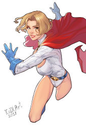 Rule 34 | 1girl, absurdres, artist name, belt, blonde hair, blue eyes, blue gloves, breasts, cape, cleavage cutout, clothing cutout, commentary, dated, dc comics, elbow gloves, gloves, highleg, highleg leotard, highres, kodiart96, large breasts, leotard, lips, long sleeves, looking at viewer, parted bangs, parted lips, power girl, red cape, short hair, signature, simple background, smile, superman (series), thighs, white background, white leotard