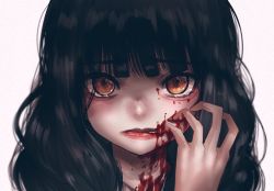 Rule 34 | 1girl, black hair, blood, blood on face, brown eyes, copyright request, hand on own face, hand up, hoshi san 3, long hair, looking at viewer, parted lips, portrait, solo, tears