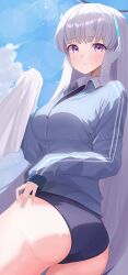 Rule 34 | 1girl, absurdres, ass, black buruma, blue archive, blue jacket, blush, breasts, buruma, closed mouth, cowboy shot, day, grey hair, halo, highres, jacket, large breasts, long hair, long sleeves, looking at viewer, mechanical halo, noa (blue archive), outdoors, purple eyes, sei (0724sei6), sky, solo, track jacket