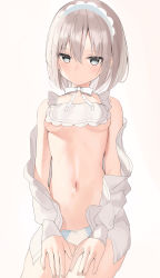 Rule 34 | 1girl, absurdres, apron, bare shoulders, blue eyes, bow, bowtie, breasts, closed mouth, collarbone, cowboy shot, grey hair, headdress, highres, long sleeves, looking at viewer, medium breasts, navel, no bra, off shoulder, open clothes, open shirt, original, panties, revealing clothes, shirt, short hair, simple background, solo, stomach, thighs, underwear, white background, white panties, white shirt, zukan (db tyoutyo)