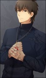Rule 34 | 1boy, bad id, bad pixiv id, brown eyes, brown hair, command spell, cross, cross necklace, enu (oji143), fate/zero, fate (series), grey background, jewelry, kotomine kirei, male focus, necklace, solo