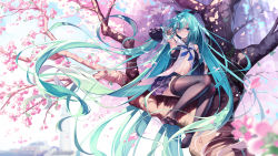 1girl, aqua hair, armpits, bare shoulders, black legwear, blue eyes, blush, breasts, cherry blossoms, closed mouth, detached sleeves, eyebrows visible through hair, full body, hair ornament, hair ribbon, hairclip, hand in hair, hatsune miku, highres, in tree, kantai collection, long hair, long sleeves, meion, navel, outdoors, petals, pleated skirt, power symbol, purple skirt, ribbon, sitting, sitting in tree, skirt, small breasts, smile, solo, thighhighs, tree, very long hair, vocaloid, yamakaze (kancolle)