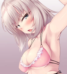 Rule 34 | 10s, 1girl, arm up, armpits, arms up, bad id, bad pixiv id, blush, breasts, cleavage, girls und panzer, grey eyes, highres, itsumi erika, looking at viewer, looking back, medium breasts, nksk, open mouth, silver hair, solo, swimsuit, upper body