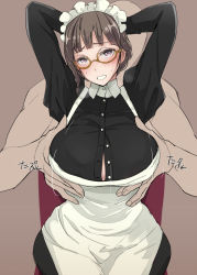 Rule 34 | 1girl, apron, arms behind head, bad id, bad pixiv id, blush, grabbing another&#039;s breast, breasts, brown hair, grabbing, grabbing from behind, groping, kawaty, large breasts, maid, maid apron, maid headdress, original, purple eyes, short hair, solo focus