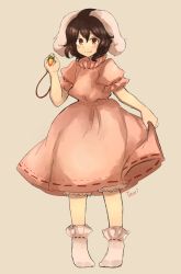 Rule 34 | 1girl, animal ears, bad id, bad pixiv id, black hair, bloomers, blush, carrot, carrot necklace, character name, dress, full body, highres, inaba tewi, jewelry, looking at viewer, necklace, pink dress, puffy sleeves, rabbit ears, red eyes, short hair, short sleeves, simple background, skirt, skirt hold, smile, socks, solo, touhou, tsukiori, underwear