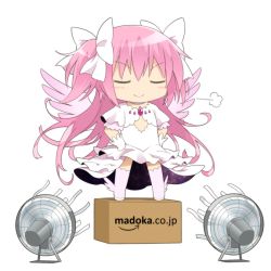 Rule 34 | 10s, 1girl, amazon (company), blush, boots, bow, box, brand name imitation, breath, cardboard box, chibi, choker, cleavage cutout, closed eyes, clothes lift, clothing cutout, dress, electric fan, fanning self, flat chest, full body, gem, gloves, goribote, hair bow, hair ribbon, hands on own hips, kaname madoka, long hair, magical girl, mahou shoujo madoka magica, mahou shoujo madoka magica (anime), md5 mismatch, on box, pink hair, ribbon, short sleeves, simple background, skirt, skirt lift, smirk, solo, standing, standing on object, streamers, thigh boots, thighhighs, two side up, ultimate madoka, very long hair, watermark, web address, white background, white dress, white gloves, wind, wind lift, wings, zettai ryouiki