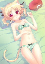 Rule 34 | 1girl, agnes boulange, animal ears, blonde hair, blush, bow, bow bra, bow panties, bra, cat ears, cat tail, flat chest, lingerie, looking at viewer, lying, minamura haruki, navel, on back, on bed, panties, pillow, red eyes, shukufuku no campanella, solo, striped bra, striped clothes, striped panties, tail, thigh gap, underwear, underwear only