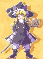 Rule 34 | 1girl, alison (alison airlines), bad id, bad pixiv id, blonde hair, bloomers, boots, bow, braid, closed eyes, cookie (touhou), hair bow, hat, hat bow, kirisame marisa, rei (cookie), side braid, smile, solo, staff, touhou, underwear, witch hat