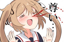 Rule 34 | 1girl, black serafuku, blood, closed eyes, commentary request, kantai collection, kuroten, light brown hair, long hair, murasame (kancolle), neckerchief, nosebleed, raised hands, red neckerchief, school uniform, serafuku, simple background, smile, solo, translated, twintails, upper body, white background