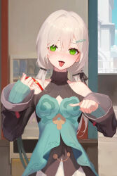 Rule 34 | 1girl, absurdres, blush, breasts, brown hair, c1718259, clothing cutout, dress, green dress, green eyes, hair ornament, hairclip, hands up, highres, honkai: star rail, honkai (series), layered sleeves, long hair, long sleeves, looking at viewer, low twintails, open mouth, outdoors, photo (object), qingque (honkai: star rail), shoulder cutout, small breasts, tongue, tongue out, twintails, upper body