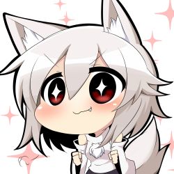 Rule 34 | + +, 1girl, :3, animal ears, blush, breasts, chibi, detached sleeves, fang, inubashiri momiji, pom pom (clothes), red eyes, short hair, silver hair, smile, solo, tail, touhou, twumi, wolf ears, wolf tail