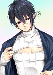 Rule 34 | 10s, 1boy, ?, blue eyes, blue hair, cleavage cutout, closed mouth, clothing cutout, gradient background, hair between eyes, hiyou, japanese clothes, lips, looking down, male focus, matching hair/eyes, meme attire, mikazuki munechika, open-chest sweater, pectoral cleavage, pectorals, ribbed sweater, solo, spoken question mark, sweater, touken ranbu, turtleneck, upper body