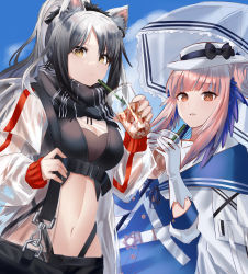 Rule 34 | 2girls, animal ear fluff, animal ears, arknights, bag, black bow, black hair, black scarf, blue dress, blunt bangs, bow, breasts, brown eyes, cat ears, ceylon (arknights), cleavage, closed mouth, coat, coat on shoulders, crop top, cup, day, disposable cup, dress, feather hair, gloves, gradient hair, grey hair, hair bun, hat, hat bow, highres, holding, holding cup, holding umbrella, long hair, looking at viewer, lucy (rusi-juren328), multicolored hair, multiple girls, navel, open clothes, open coat, outdoors, parasol, parted lips, photoshop (medium), pink hair, ponytail, revealing clothes, scarf, schwarz (arknights), see-through, shoulder bag, single hair bun, single side bun, smile, stomach, umbrella, upper body, white coat, white gloves, white headwear, yellow eyes