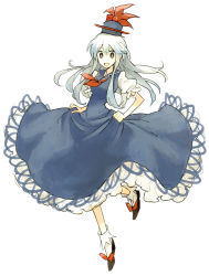 Rule 34 | 1girl, blue dress, brown eyes, dress, female focus, full body, hat, kamishirasawa keine, leg up, long hair, looking at viewer, minakata sunao, neckerchief, open mouth, puffy short sleeves, puffy sleeves, shinoasa, shoes, short sleeves, silver hair, simple background, skirt hold, socks, solo, touhou, white background