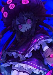 Rule 34 | 1girl, amulet, black dress, blood, blood on clothes, blood on face, blue background, chain, chain necklace, cowboy shot, dress, frilled dress, frilled shawl, frills, from below, gem, gorget, hair between eyes, highres, jewelry, ketopon, medium hair, necklace, original, pink eyes, pink hair, red gemstone, shawl, sidelocks, slit pupils, solo, thighhighs, tongue, tongue out, white thighhighs